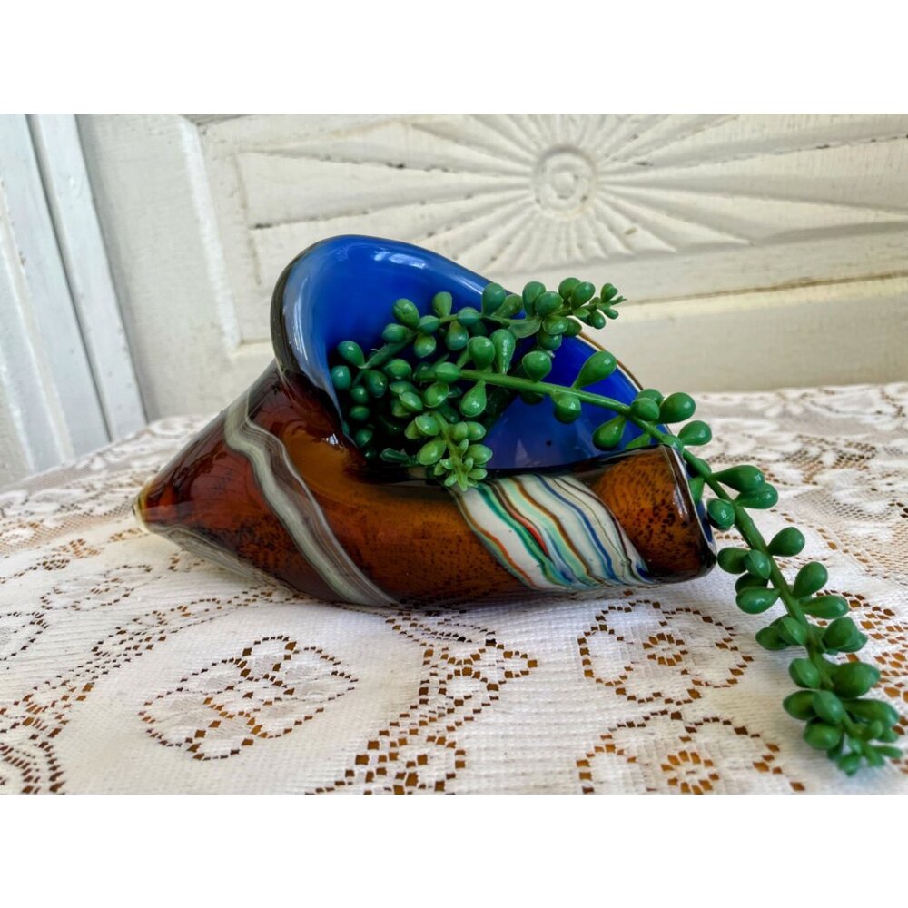 Vintage MCM Murano Encased Glass Conch Shell Brown Cobalt blue - Picture 2 of 12